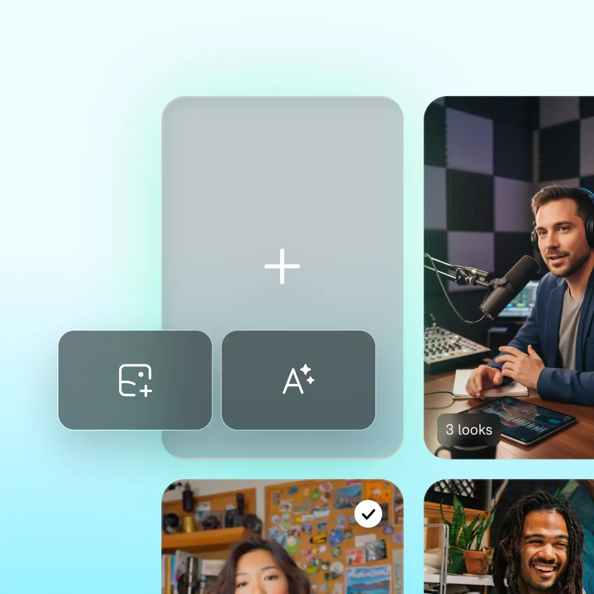 Interface showing content creation options with icons for image and text editing, plus three thumbnail images below.