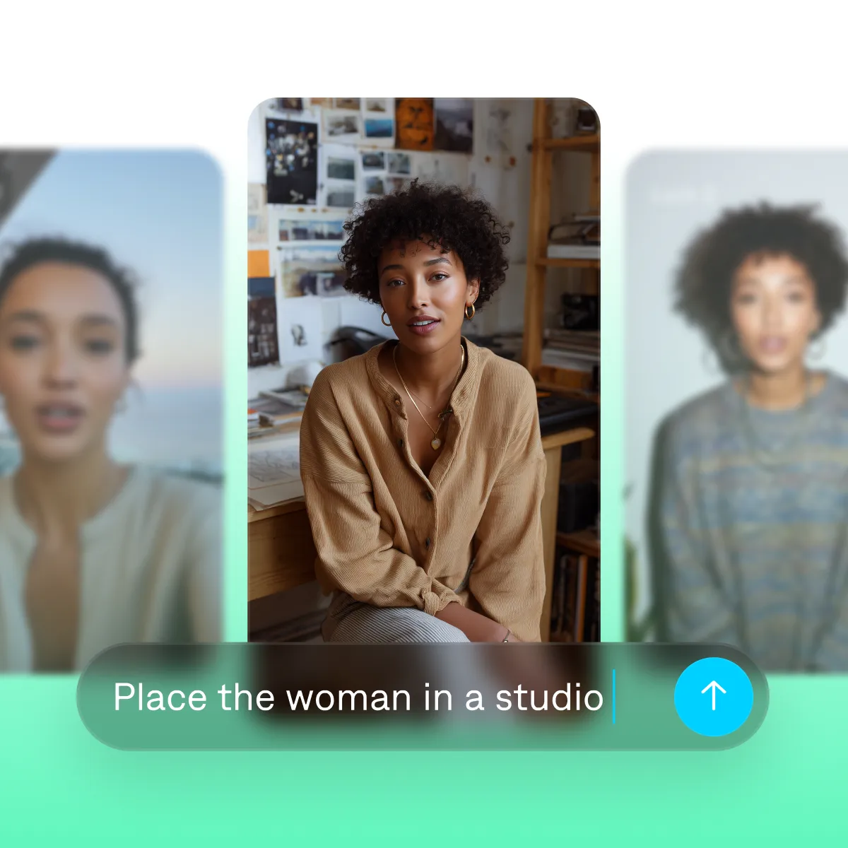 Woman with curly hair wearing tan shirt in creative studio with photo wall behind her and blurred duplicates on sides